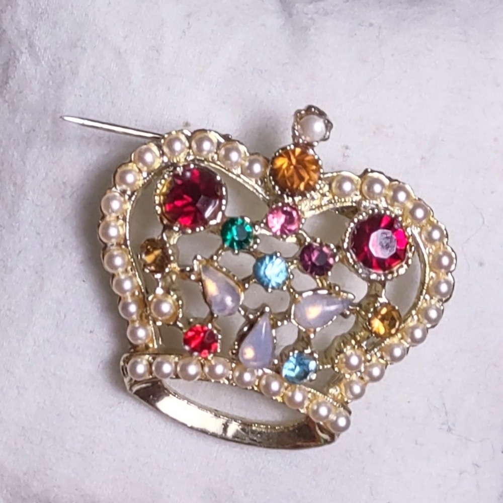 Rhinestone Glass Jewel Stones Crown Brooch
